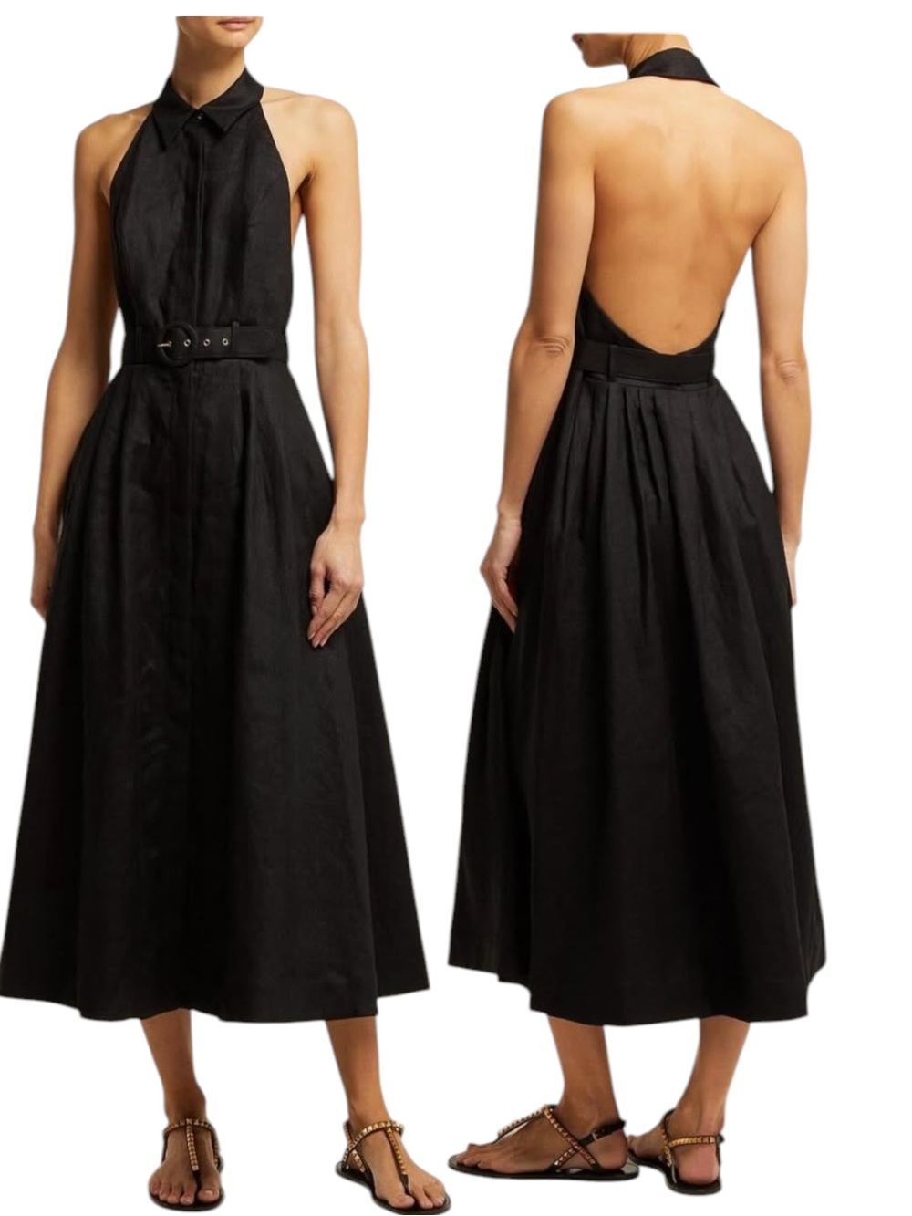 Zimmermann Primrose Linen Halter Midi Dress Black Belted Open Back Size 2